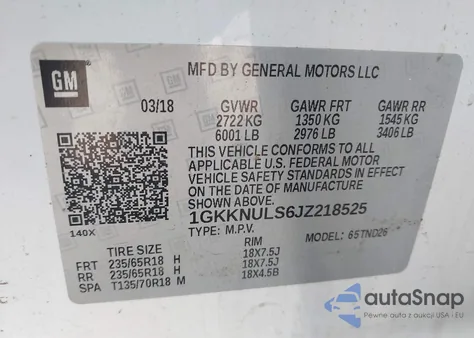 2018 GMC Acadia Slt-1 z USA, uszkodzony, nr VIN 1GKKNULS6JZ218525
